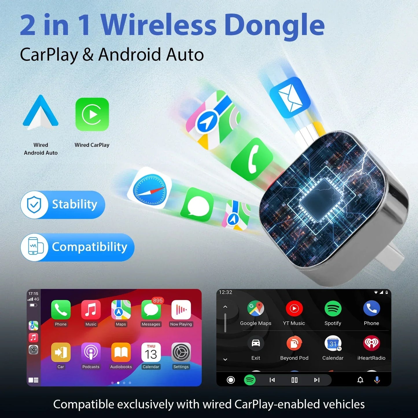 Adaptador CarPlay y Android Auto Inalámbrico – Compatible con el 99% de los Coches con CarPlay por Cable